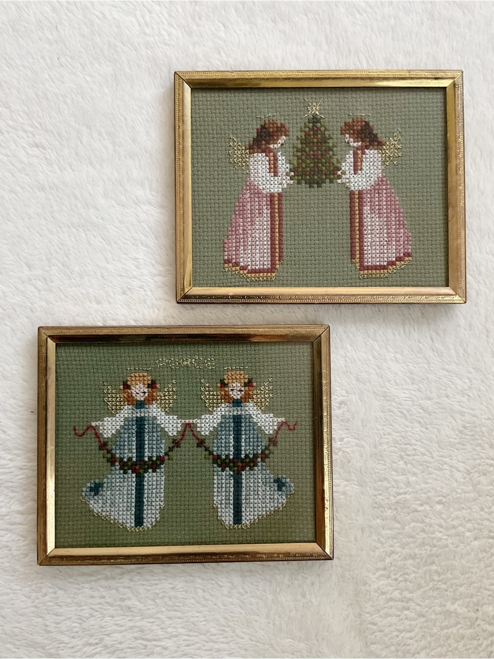 Pair Angel Cross Stitch Miniatures Told in a Garden Band of Angels